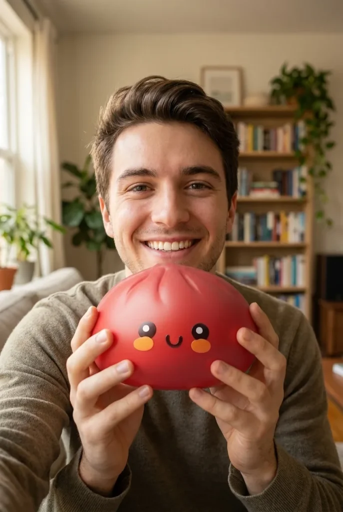Squishy Dumpling Rouge Fluffy tenu près du visage — photo client