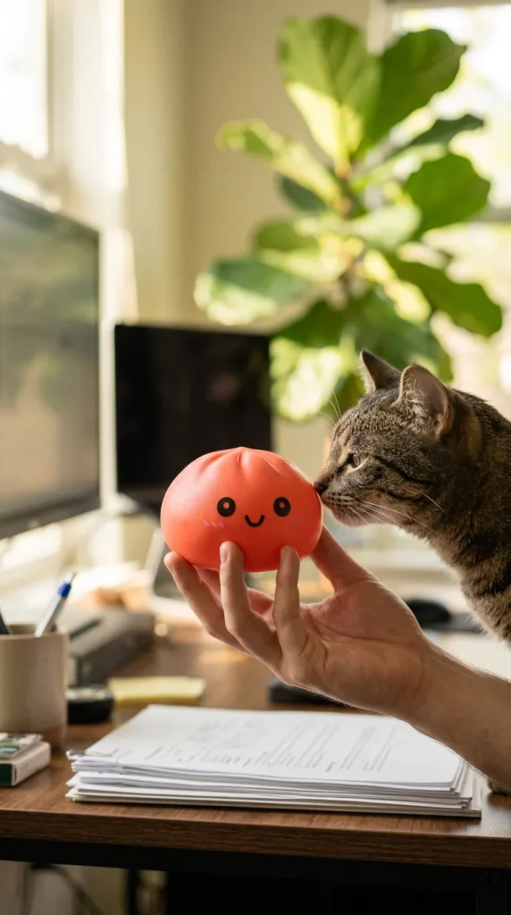 Dumpling Squishy Rouge Cerise tenu près d'un animal de compagnie curieux