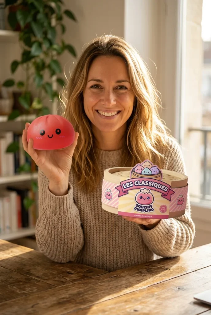 Dumpling Squishy Rouge Cerise présenté avec sa boîte panier vapeur — photo client