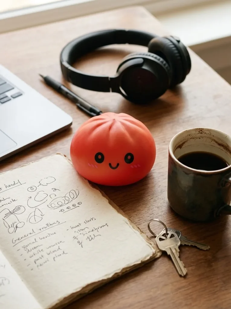 Dumpling Squishy Rouge Cerise posé sur un bureau, dans le quotidien