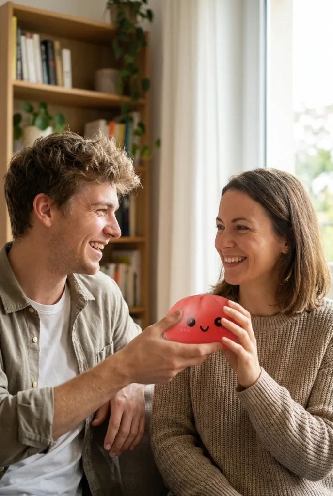 Dumpling Squishy Rouge Cerise offert en cadeau entre deux personnes