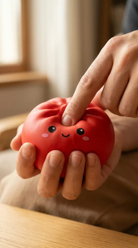 Dumpling Squishy Rouge Cerise pressé dans la main — effet squishy slow-rise