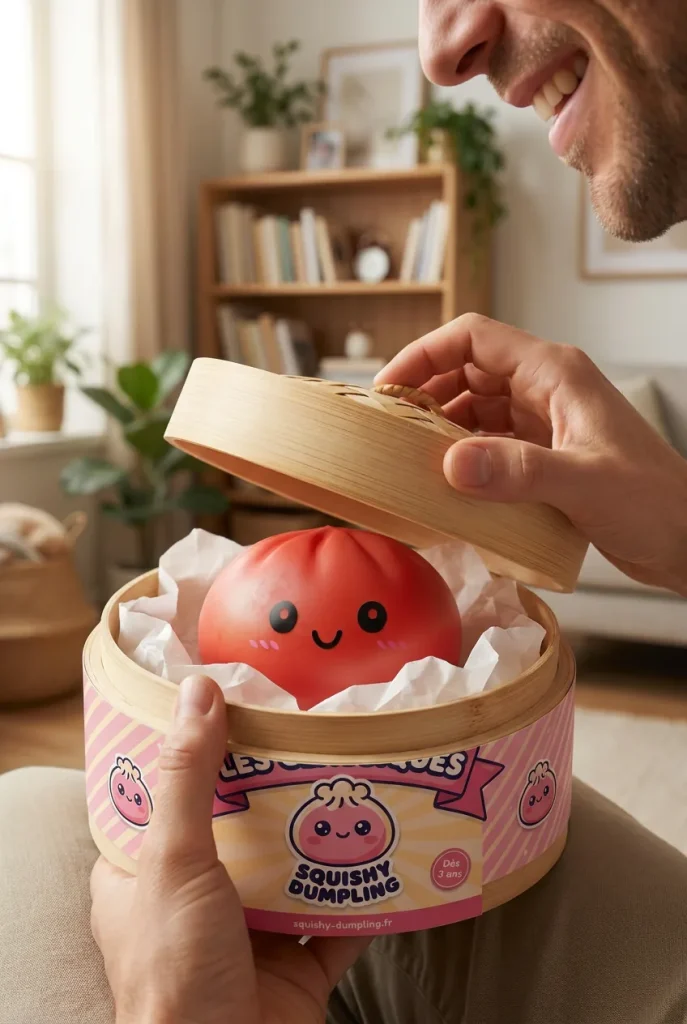 Déballage du Dumpling Squishy Rouge Cerise — la boîte panier vapeur s'ouvre