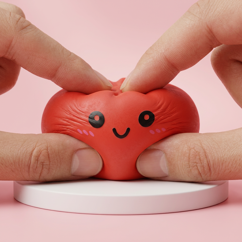 Dumpling Squishy Rouge Cerise pressé dans la main, matière squishy