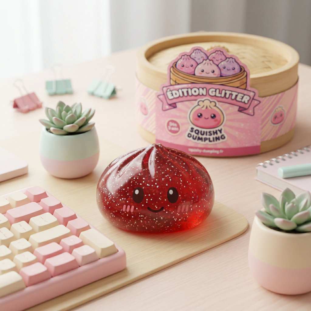 Glitter Dumpling Squishy Rouge Chance en ambiance sur un bureau