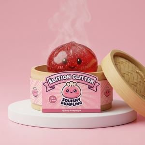 Glitter Dumpling Squishy Rouge Chance dans sa boîte panier vapeur bambou