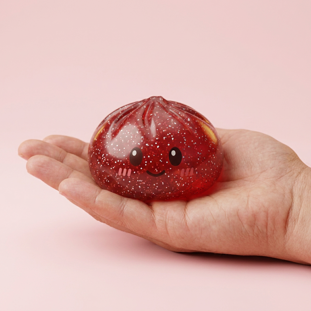 Glitter Dumpling Squishy Rouge Chance tenu en main, taille réelle