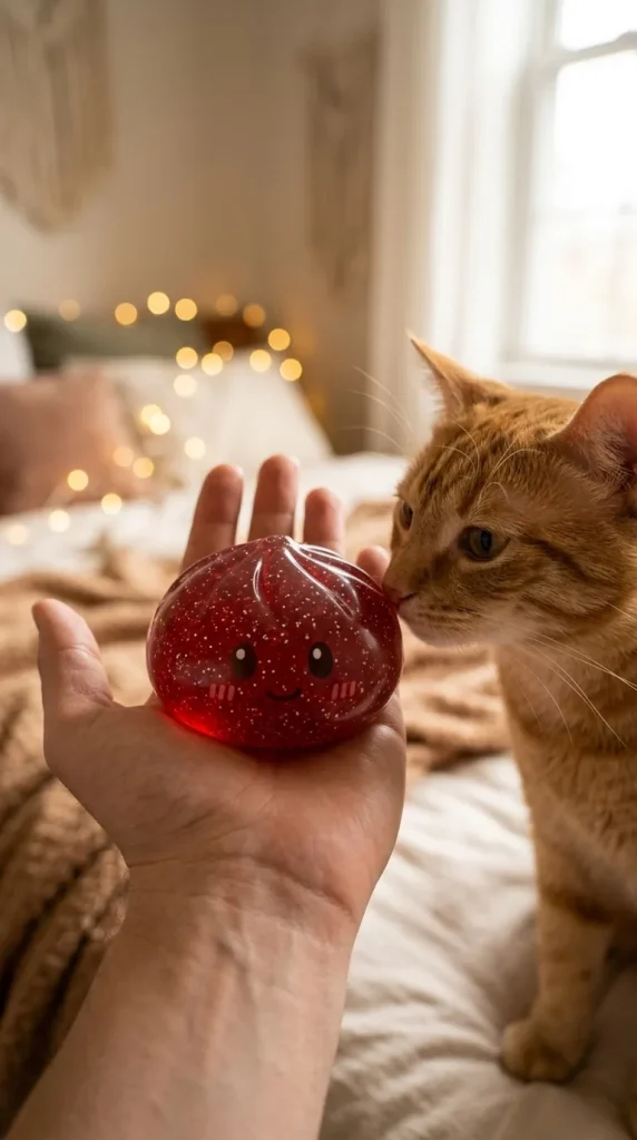 Glitter Dumpling Squishy Rouge Chance tenu près d'un animal de compagnie curieux