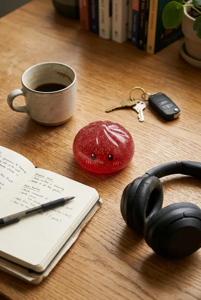 Glitter Dumpling Squishy Rouge Chance posé sur un bureau, dans le quotidien