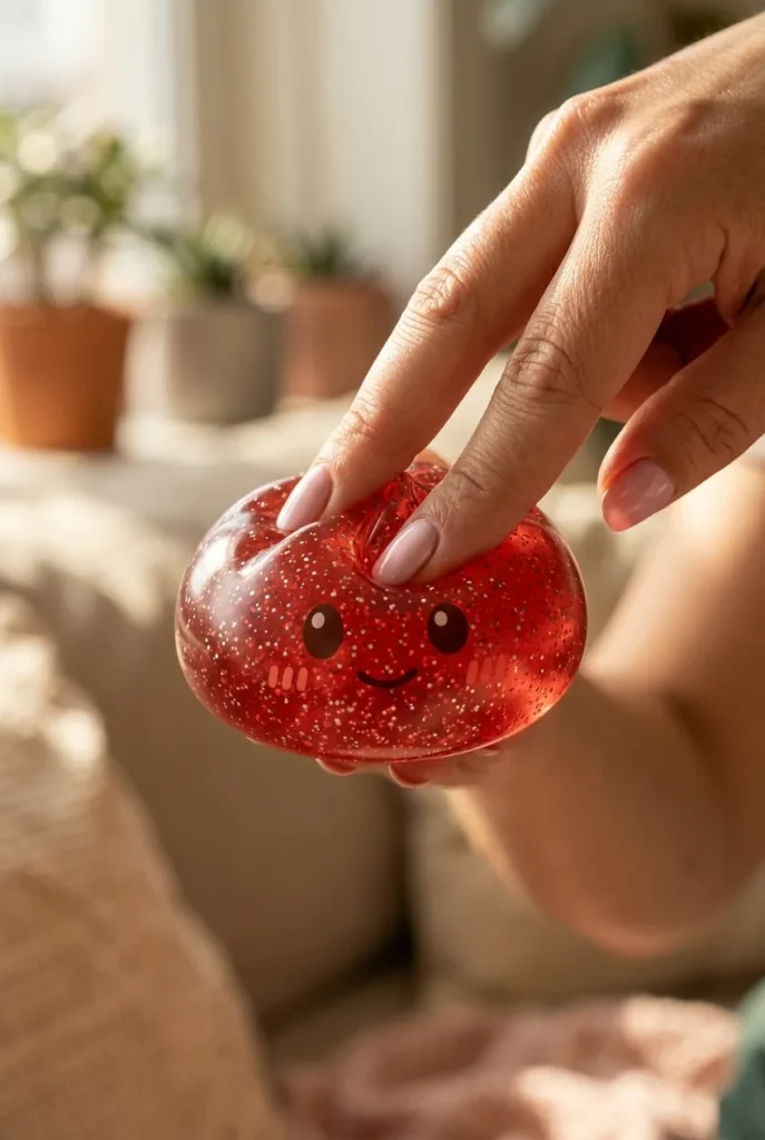 Glitter Dumpling Squishy Rouge Chance pressé dans la main — effet squishy slow-rise
