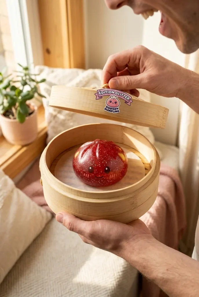 Déballage du Glitter Dumpling Squishy Rouge Chance — la boîte panier vapeur s'ouvre