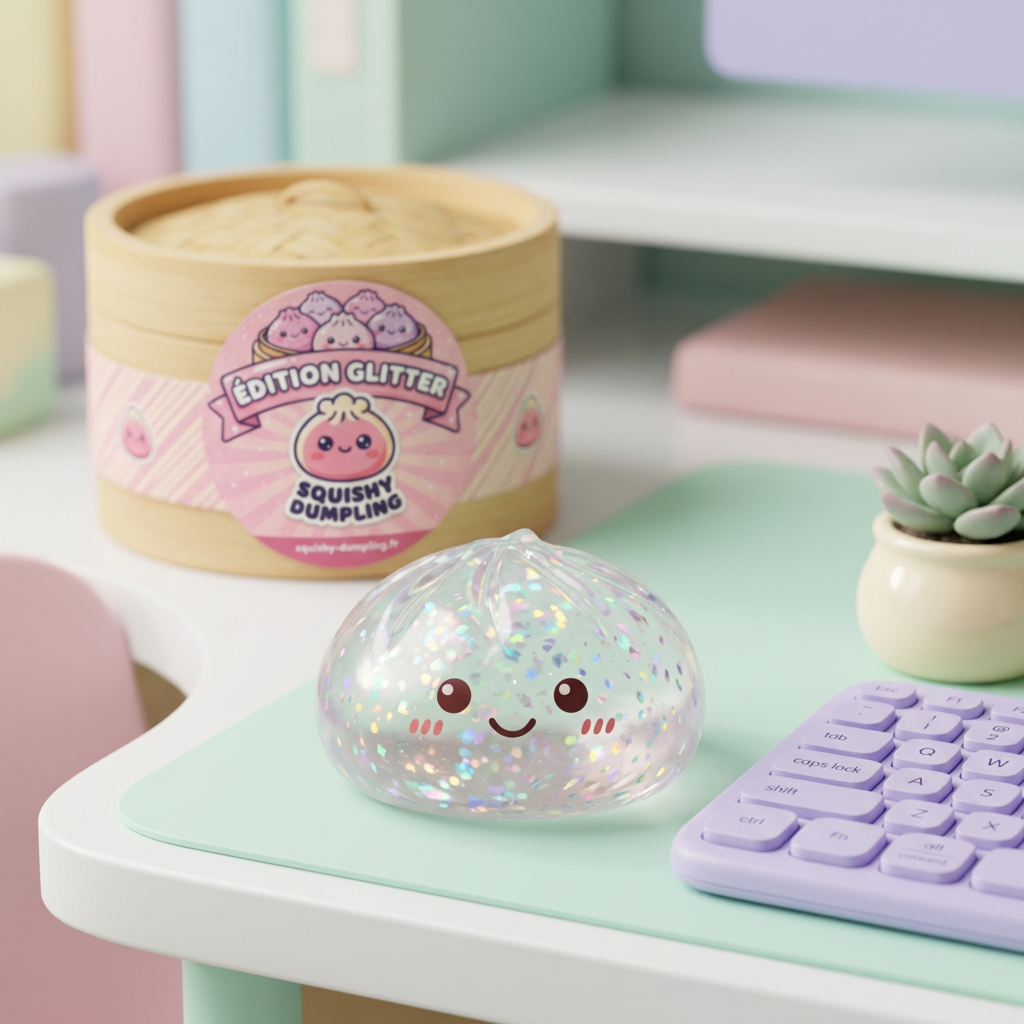 Glitter Dumpling Squishy Argenté Brillant en ambiance sur un bureau
