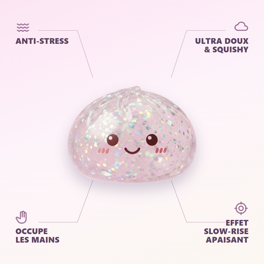 Glitter Dumpling Squishy Argenté Brillant — anti-stress, ultra doux, effet slow-rise