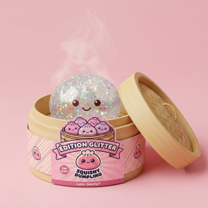 Glitter Dumpling Squishy Argenté Brillant dans sa boîte panier vapeur bambou