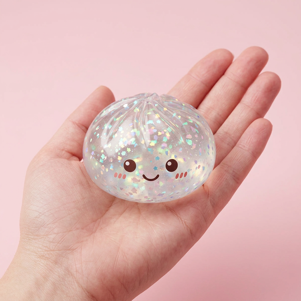 Glitter Dumpling Squishy Argenté Brillant tenu en main, taille réelle