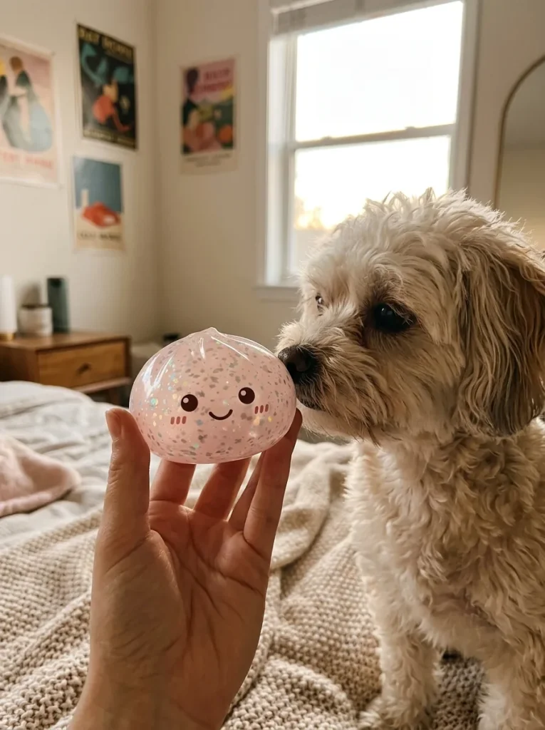 Glitter Dumpling Squishy Argenté Brillant tenu près d'un animal de compagnie curieux