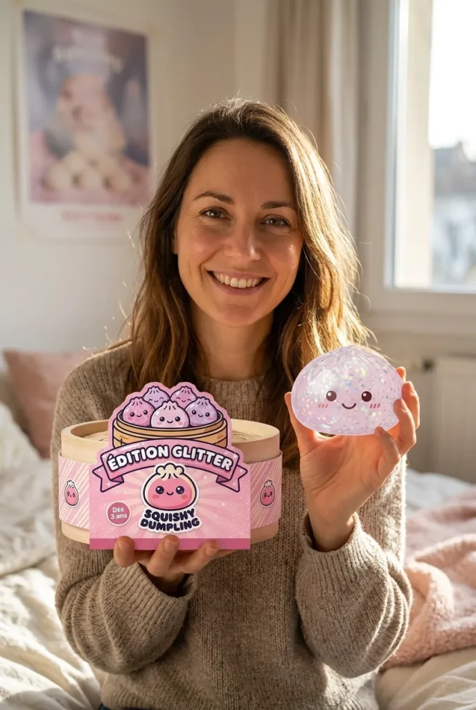 Glitter Dumpling Squishy Argenté Brillant présenté avec sa boîte panier vapeur — photo client