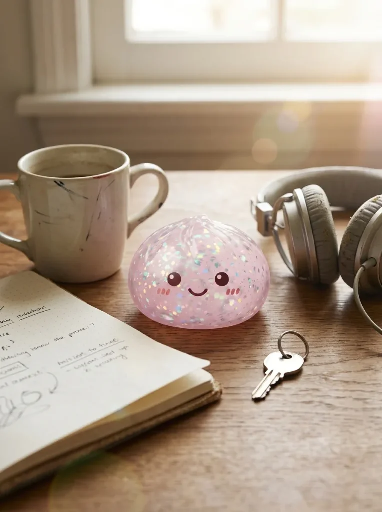 Glitter Dumpling Squishy Argenté Brillant posé sur un bureau, dans le quotidien