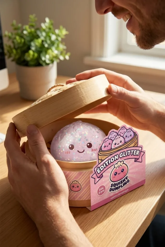 Déballage du Glitter Dumpling Squishy Argenté Brillant — la boîte panier vapeur s'ouvre