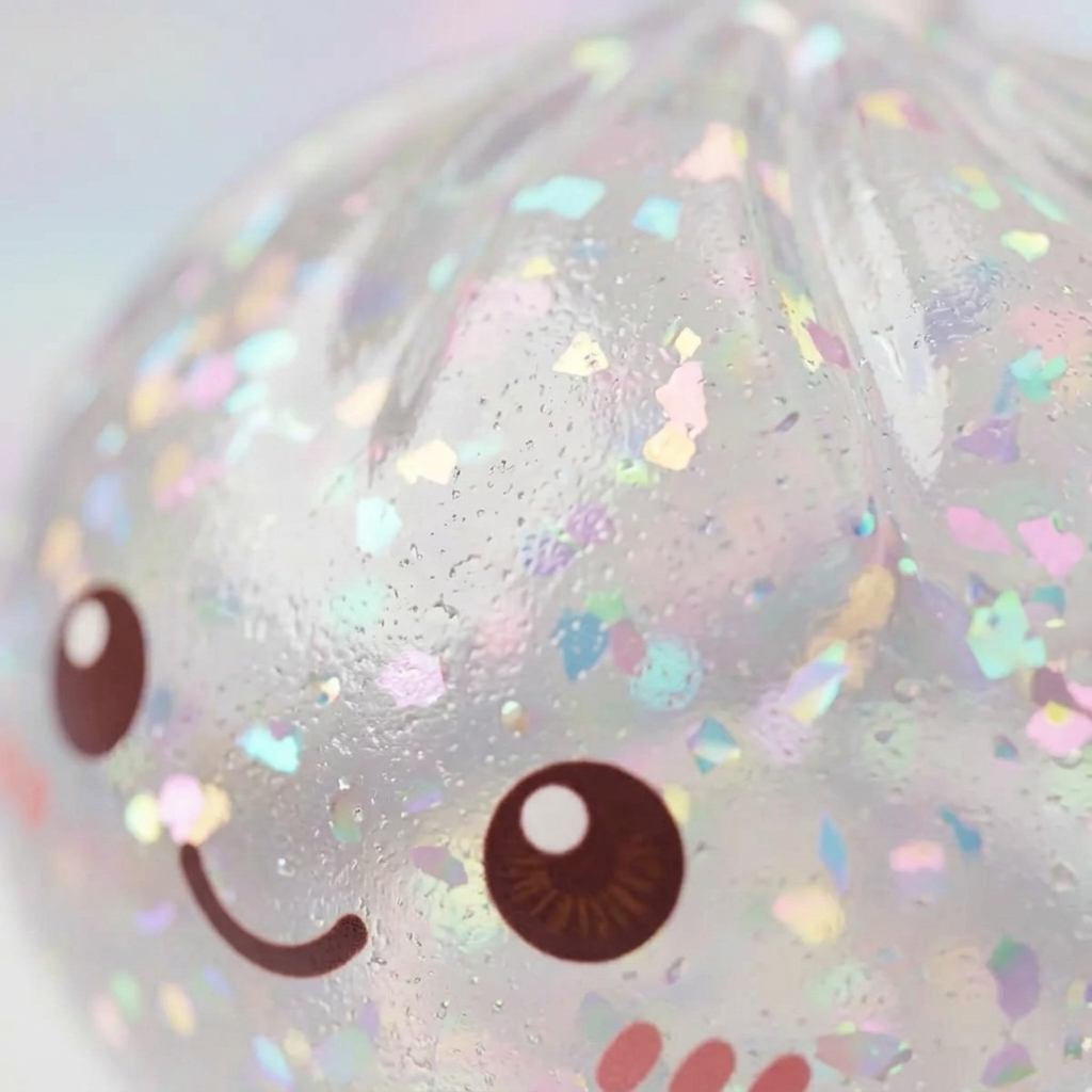 Glitter Dumpling Squishy Argenté Brillant — gros plan macro sur la texture