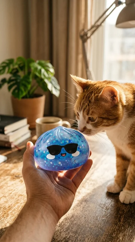 Squishy Dumpling Lunettes Sparkle tenu près d'un animal de compagnie curieux