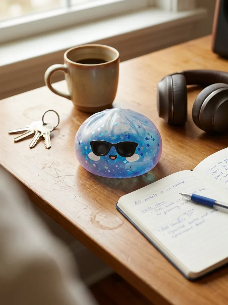Squishy Dumpling Lunettes Sparkle posé sur un bureau, dans le quotidien