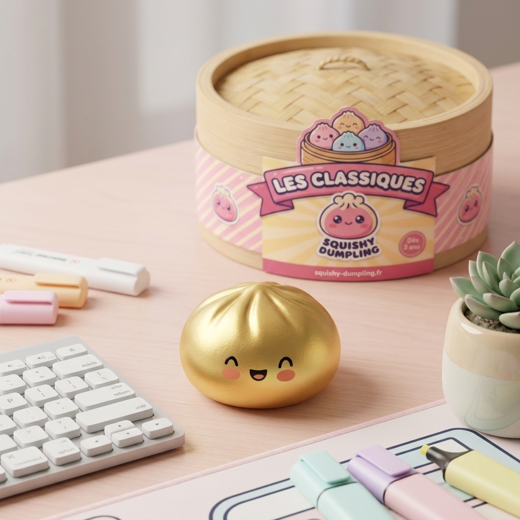 Dumpling Squishy Doré Lucky en ambiance sur un bureau