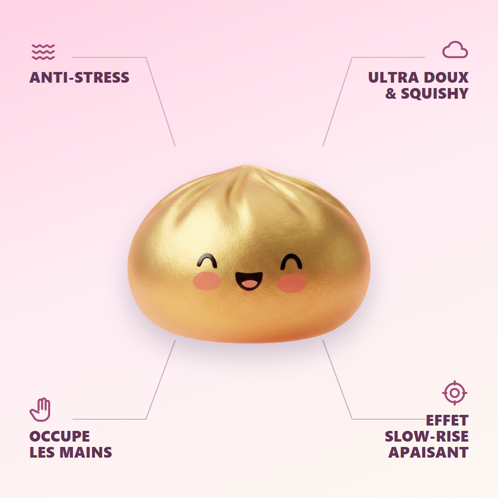 Dumpling Squishy Doré Lucky — anti-stress, ultra doux, effet slow-rise