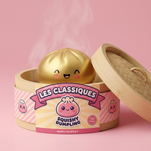 Dumpling Squishy Doré Lucky dans sa boîte panier vapeur façon bambou