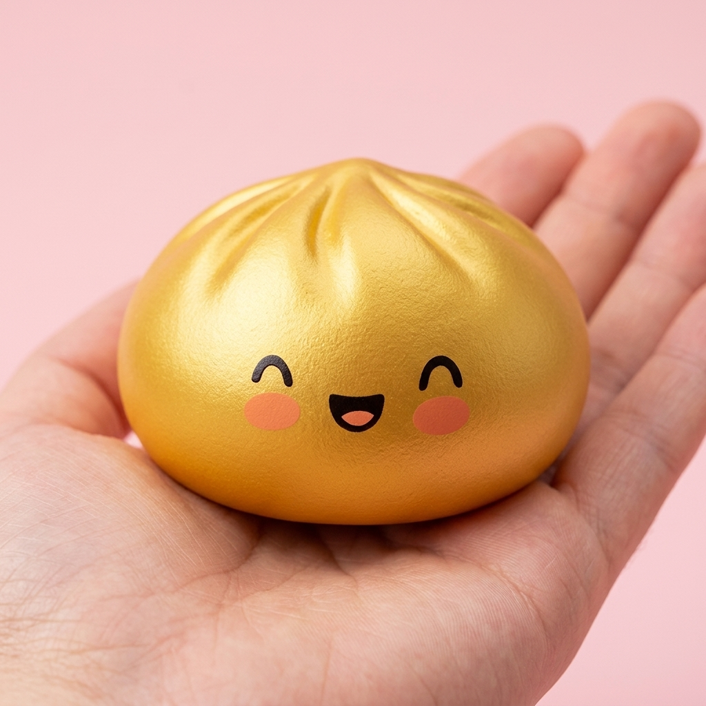 Dumpling Squishy Doré Lucky tenu en main, taille réelle