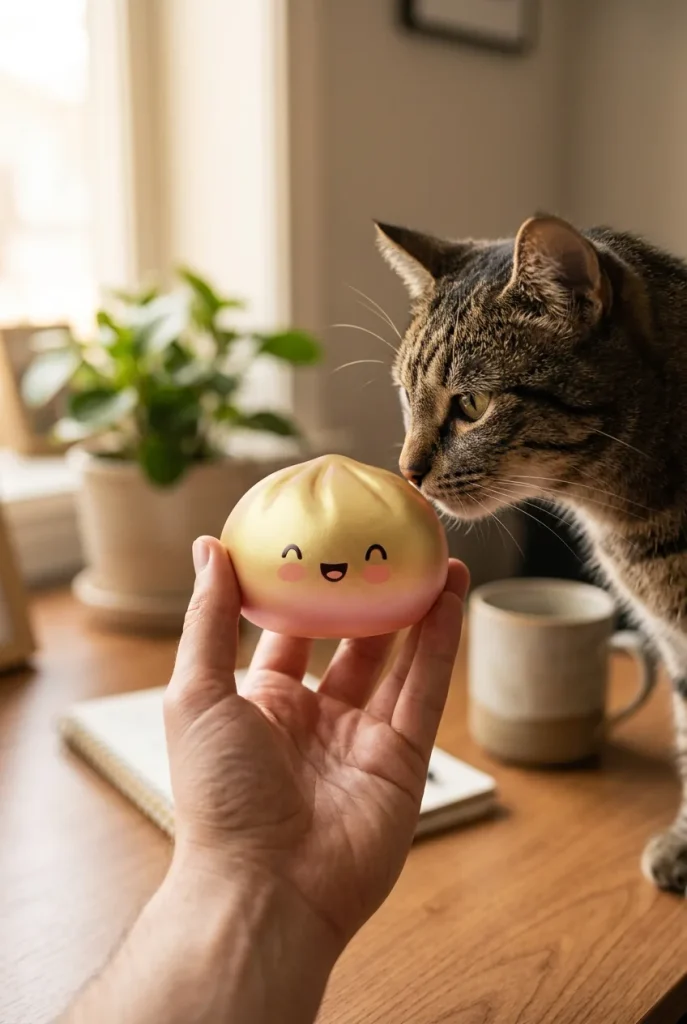 Dumpling Squishy Doré Lucky tenu près d'un animal de compagnie curieux