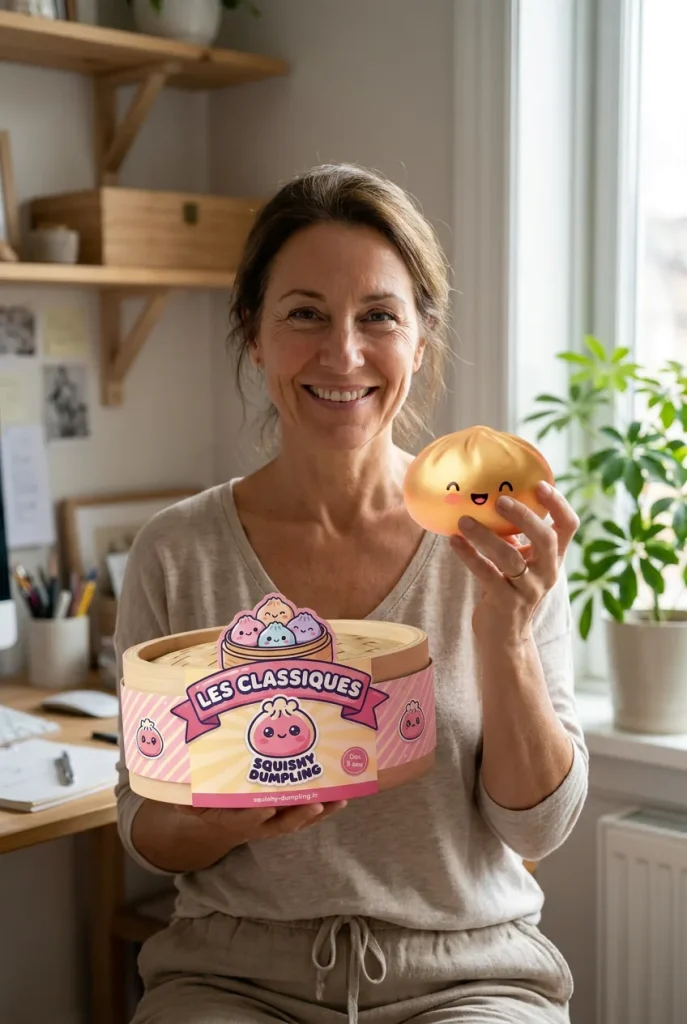 Dumpling Squishy Doré Lucky présenté avec sa boîte panier vapeur — photo client