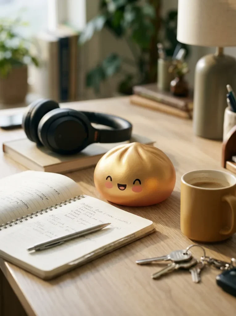 Dumpling Squishy Doré Lucky posé sur un bureau, dans le quotidien