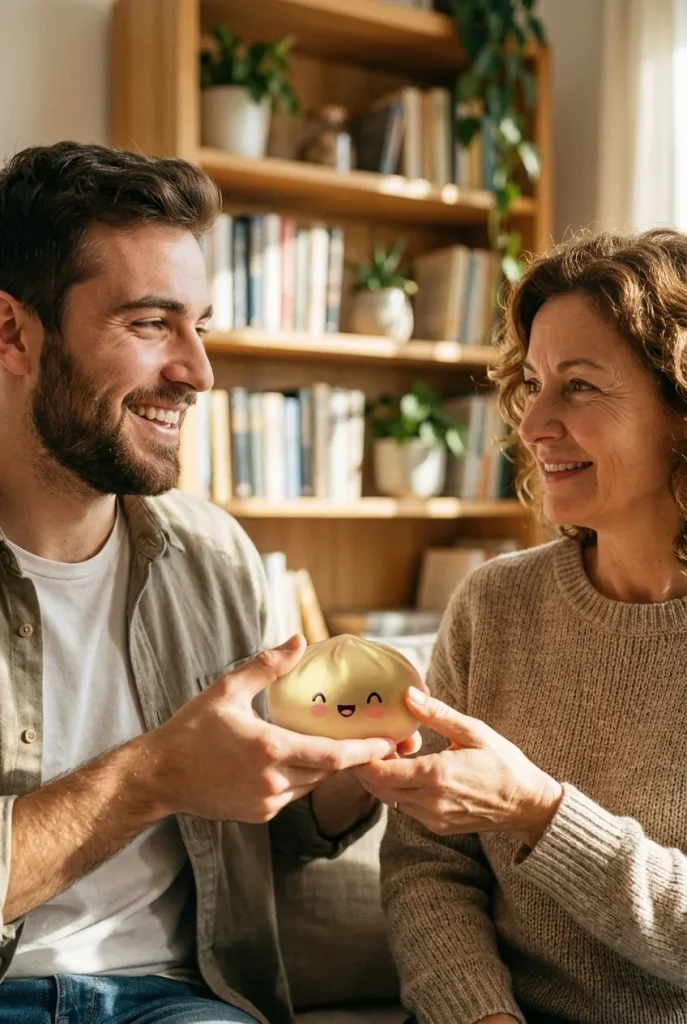 Dumpling Squishy Doré Lucky offert en cadeau entre deux personnes