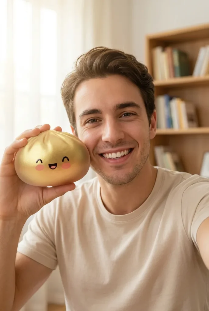 Dumpling Squishy Doré Lucky tenu près du visage — photo client