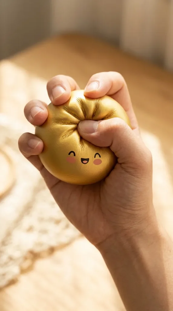 Dumpling Squishy Doré Lucky pressé dans la main — effet squishy slow-rise