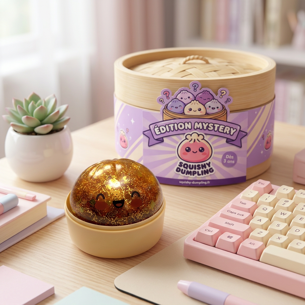 Squishy Bun Mystery Dumpling Surprise en ambiance sur un bureau