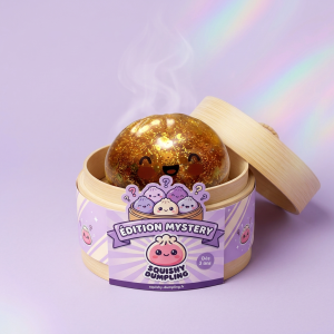 Squishy Bun Mystery Dumpling Surprise dans sa boîte panier vapeur bambou