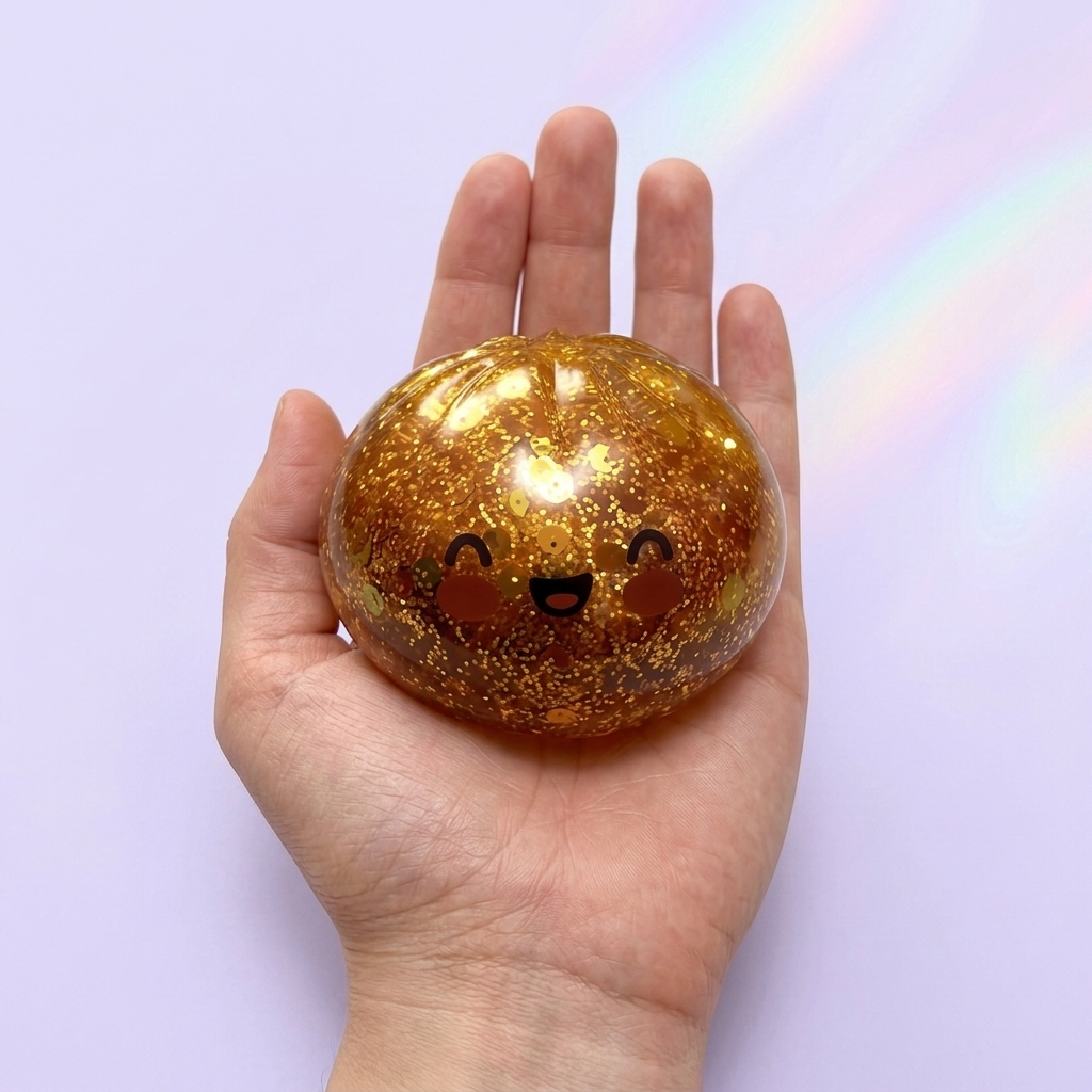 Squishy Bun Mystery Dumpling Surprise tenu en main, taille réelle