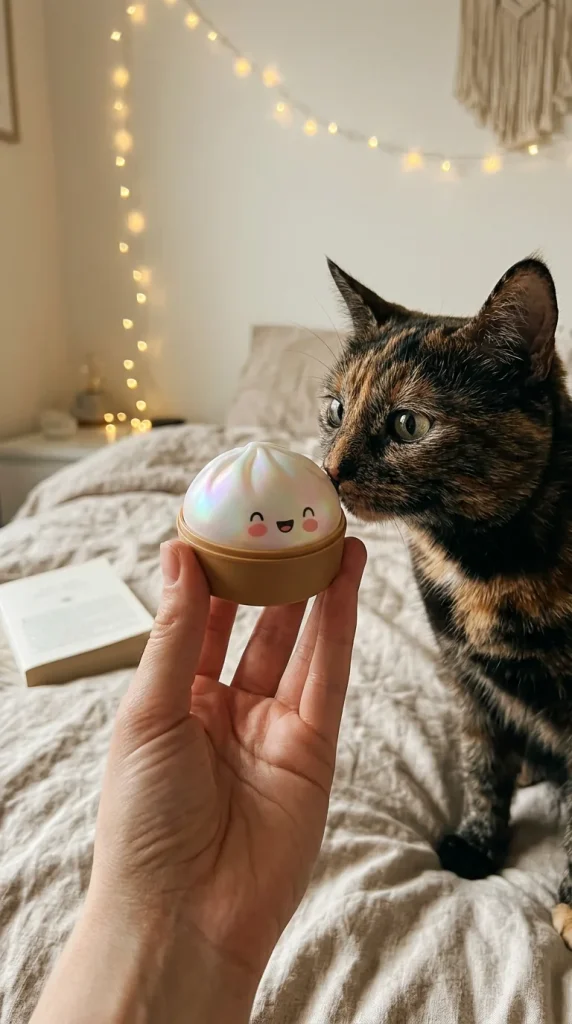 Squishy Bun Mystery Dumpling Surprise tenu près d'un animal de compagnie curieux