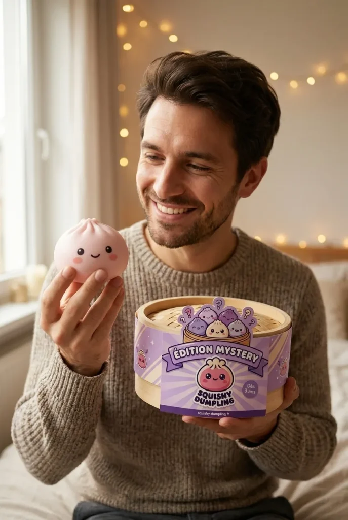 Squishy Bun Mystery Dumpling Surprise présenté avec sa boîte panier vapeur — photo client