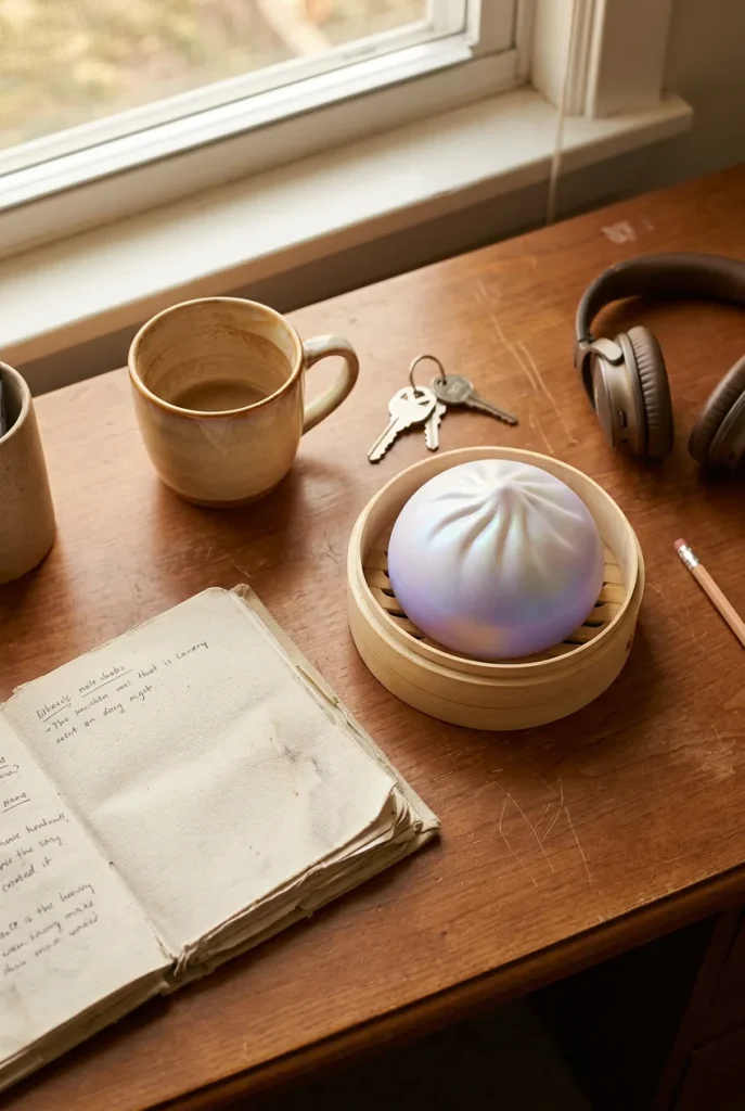 Squishy Bun Mystery Dumpling Surprise posé sur un bureau, dans le quotidien
