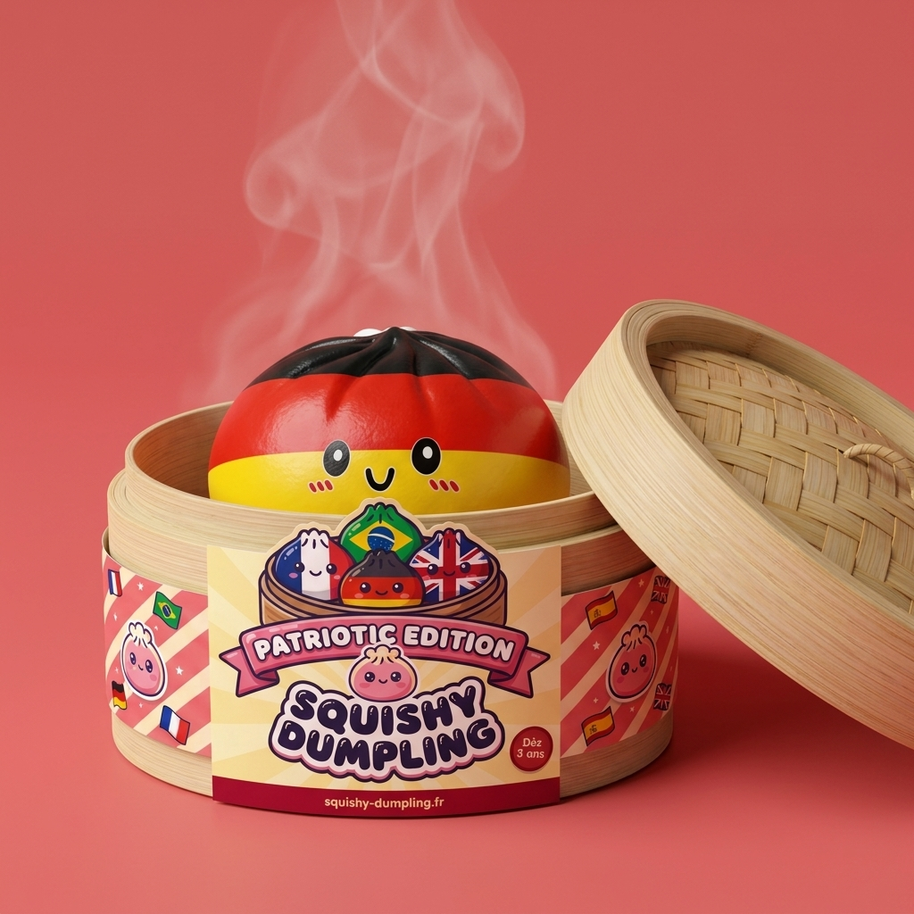 Squishy Dumpling Allemagne dans sa boîte panier vapeur bambou