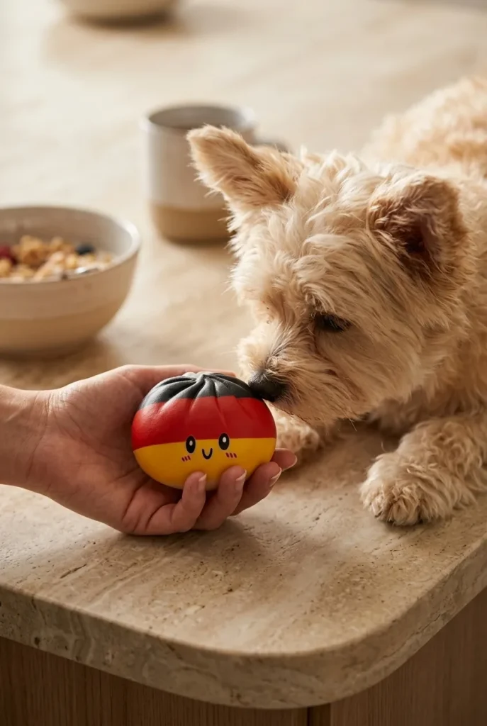 Squishy Dumpling Allemagne tenu près d'un animal de compagnie curieux