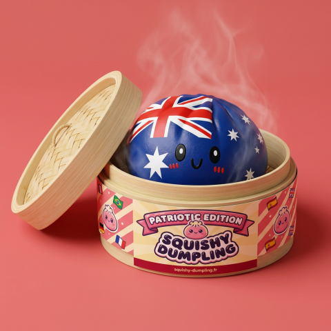 Squishy Dumpling Australie dans sa boîte panier vapeur bambou