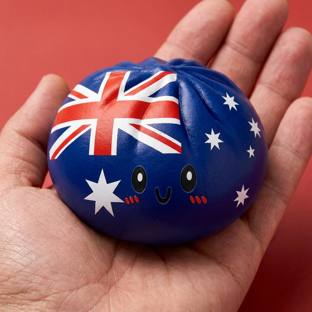 Squishy Dumpling Australie tenu en main, taille réelle