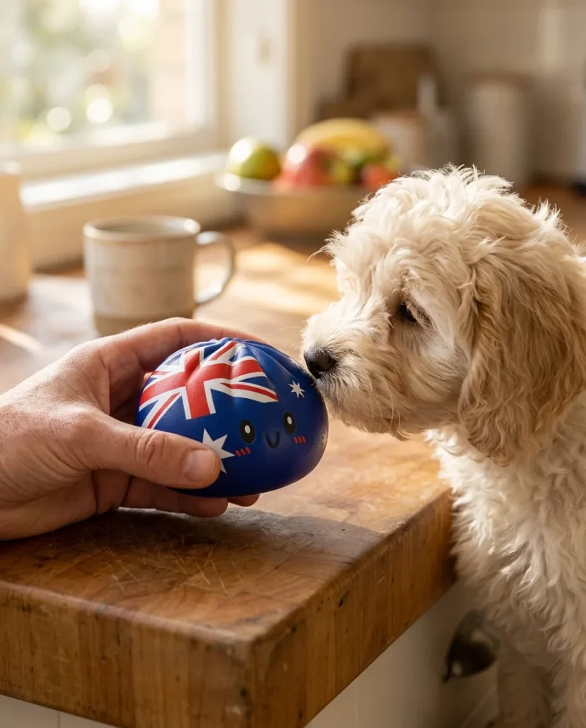 Squishy Dumpling Australie tenu près d'un animal de compagnie curieux