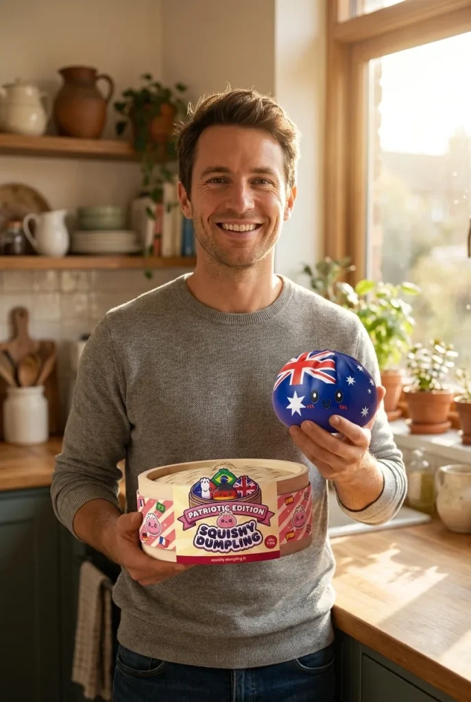 Squishy Dumpling Australie présenté avec sa boîte panier vapeur — photo client