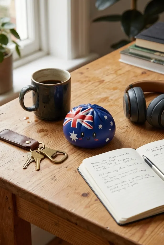 Squishy Dumpling Australie posé sur un bureau, dans le quotidien