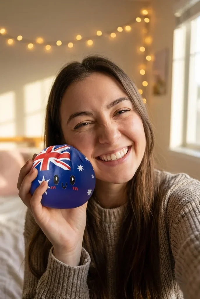 Squishy Dumpling Australie tenu près du visage — photo client